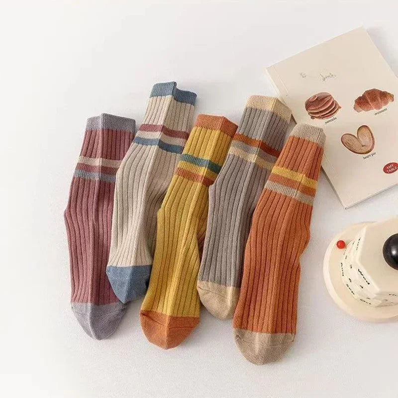 5 Paar gestreifte Socken für Damen, bequem, weich, mittellang, Winter, Harajuku, lustige Freizeitsocken, Damenstrümpfe, Strumpfwaren