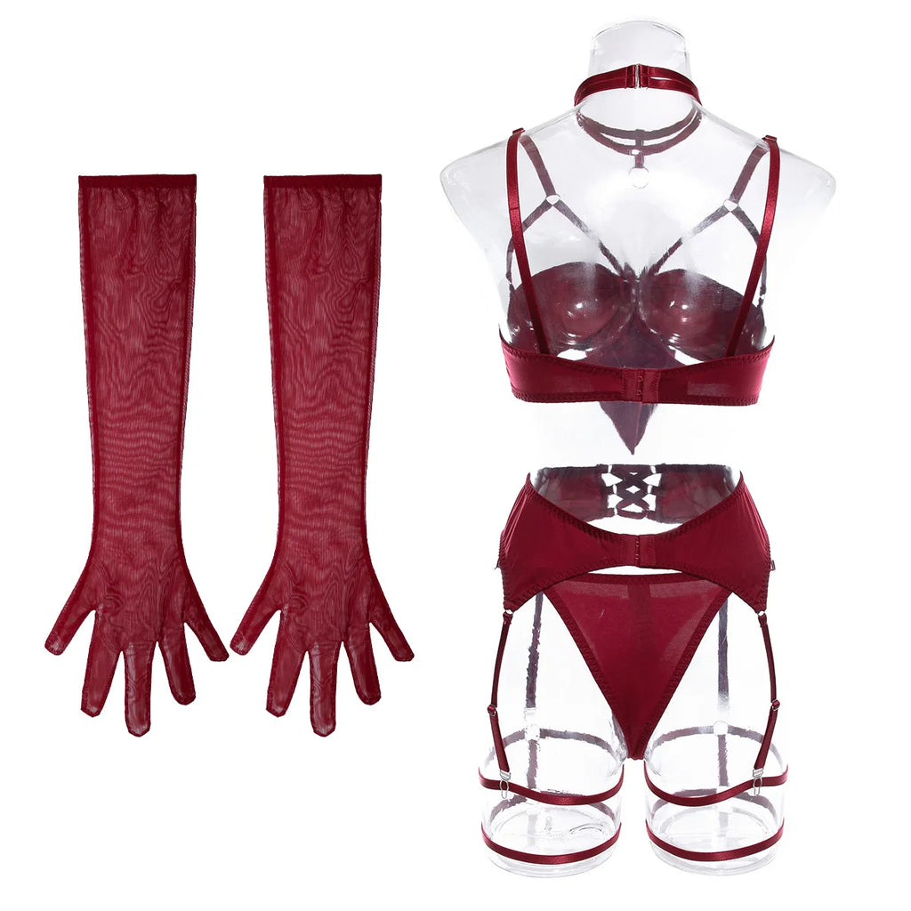 Sexy Dessous-Set mit Schleifenverzierung, durchbrochen, für Damen, einfarbig, exotische Bekleidung, weiblicher Stil, reine Begierde, Unterwäsche mit Strapsen und Handschuhen