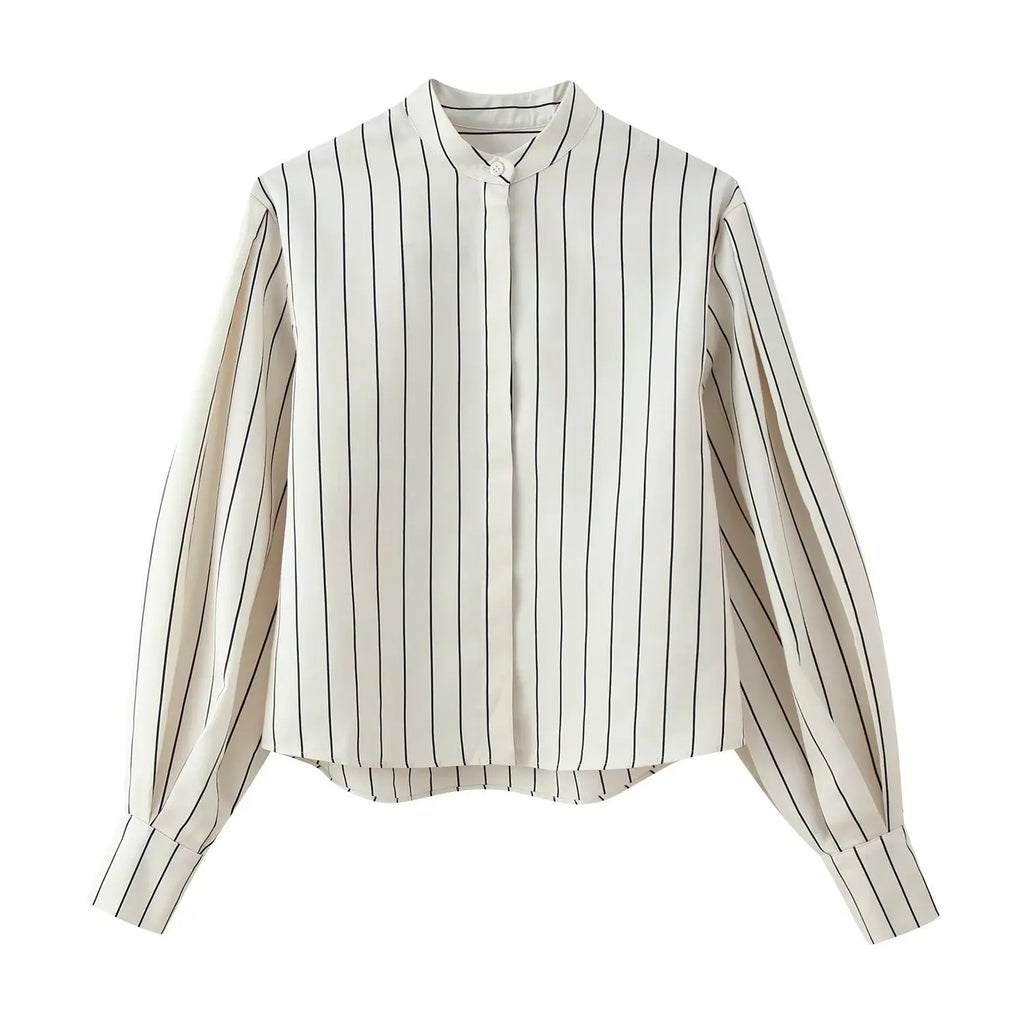HH Damen Frühling Neue Mode Vintage Vielseitige Beige Gestreifte Puffärmel-Shirt + Hochtaillierte Lockere Plissierte Lässige Lange Hose Set