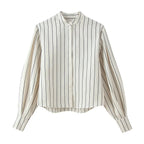 HH Damen Frühling Neue Mode Vintage Vielseitige Beige Gestreifte Puffärmel-Shirt + Hochtaillierte Lockere Plissierte Lässige Lange Hose Set