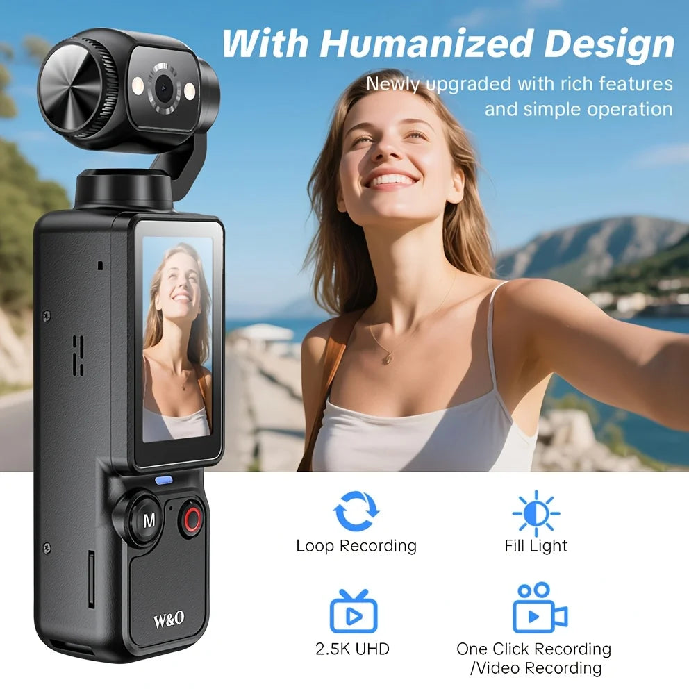 W&O 4K HD Action-Kamera, 1,9'' CMOS-Sensor, um 180° drehbar, USB-wiederaufladbar, tragbare Sport-Vlogging-Kamera für tägliche Aufnahmen