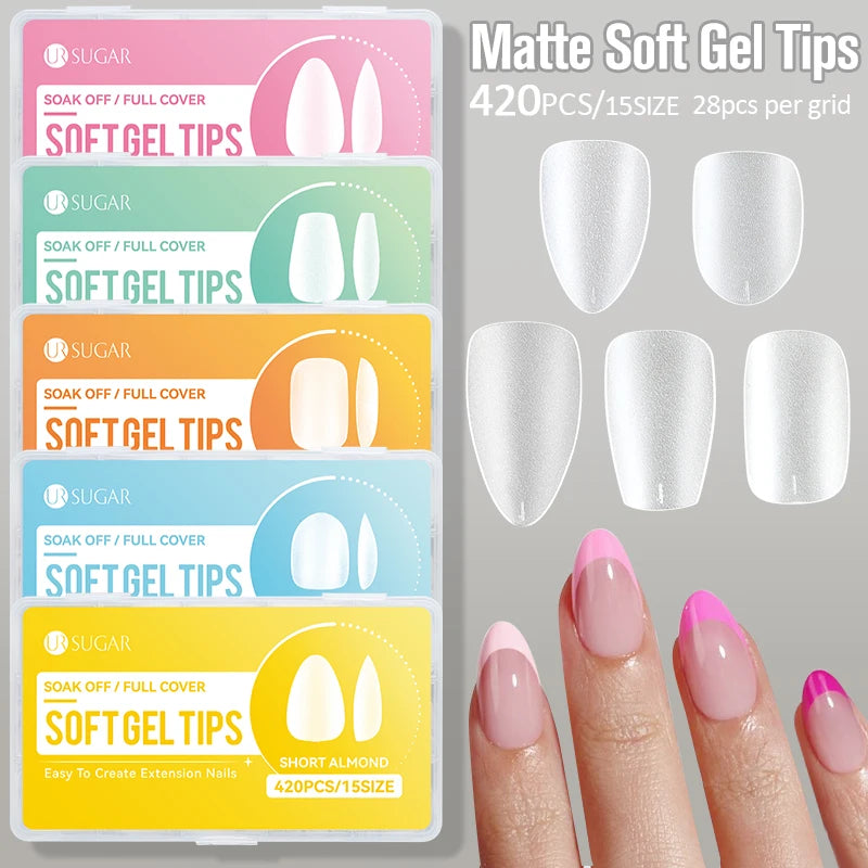 UR SUGAR 3tlg. Künstliche Nägel Set mit 420Stk. matten Soft Gel Tips Solid Glue Gel Entferner Schnelles Nagelverlängerungs-Kit Nagelpflege Starter-Set