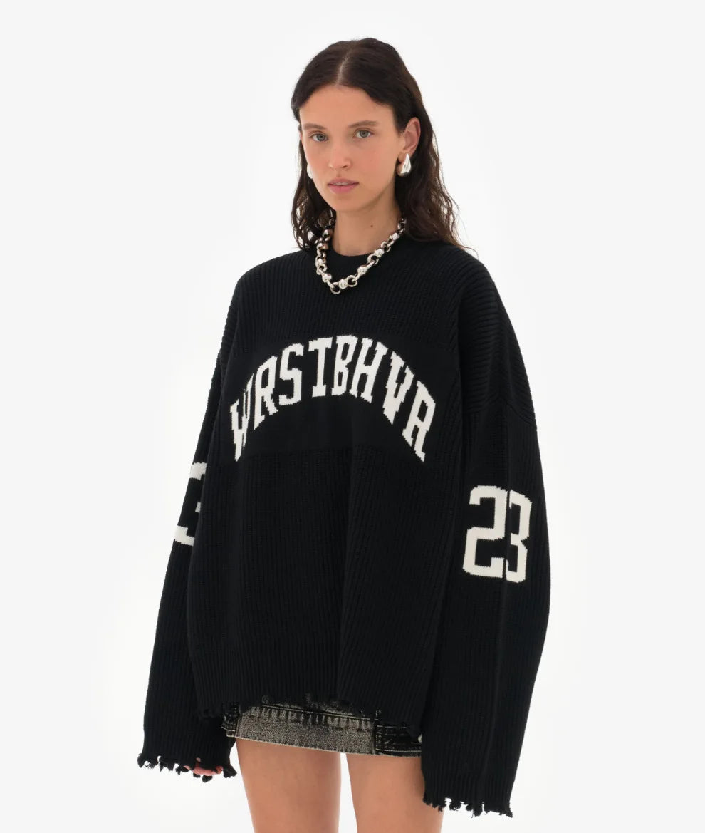 Trendiger lockerer Buchstaben-Jacquard-Strickpullover Damen 2025 Herbst Neu Highstreet Grau Schwarz Weicher Pullover Hottie Vielseitige Teile