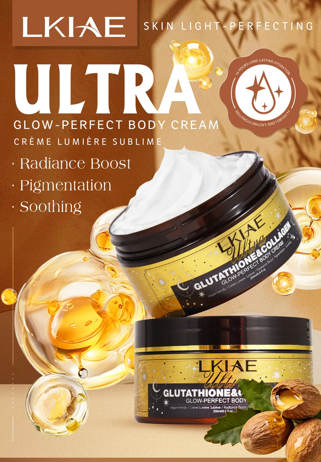 LKIAE Ultra Glutathione Kollagen Haut Leuchtende Körpercreme, 24-Stunden Intensive Feuchtigkeit, Aufhellend, Tiefenpflege & Glanz, 200ml