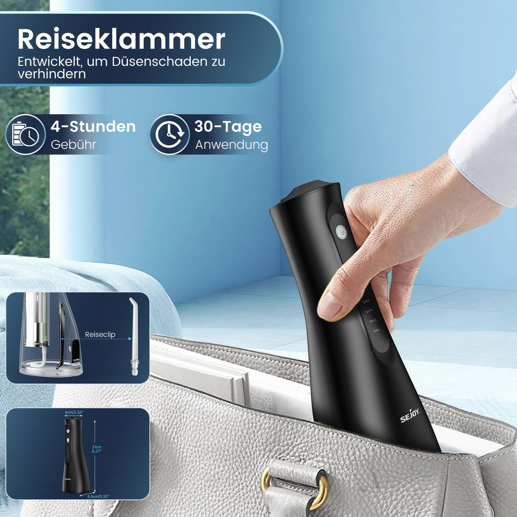 Sejoy Elektrische Wasserflosser Munddusche Wiederaufladbar Tragbar Dental 5 Modi Wassertank Zähne 300ML Wasserdichter Reiniger
