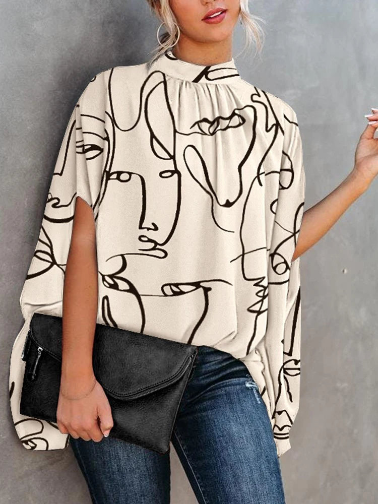 Lässige weite Damenbluse Mode Fledermausärmel Print Rundhals Shirts Top Frühling Sommer Büro Damen Blusen Elegante Oberteile 2024
