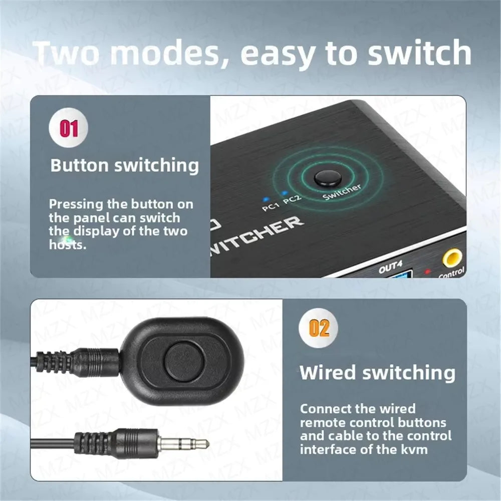 MZX KVM Switch Switcher 4K 60Hz HD4K 2.0 Splitter USB 3.0 Hub Docking Station Dock 2 Computers PC Sharing Keyboard Mouse Printer