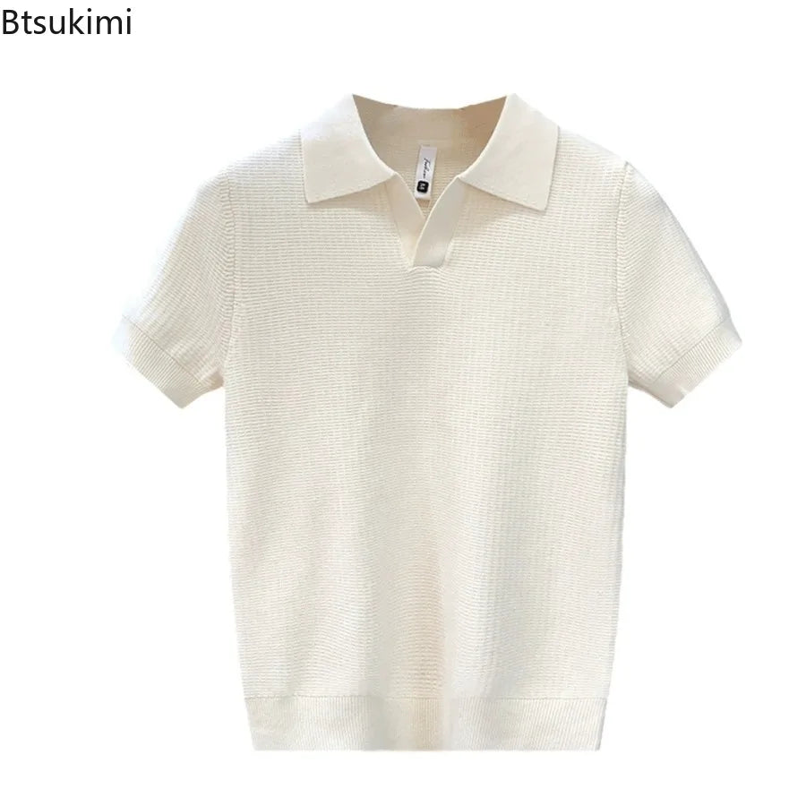 2026 Herren Sommer Poloshirt Koreanischer Stil Slim Fit Knitterarm Kragen Unifarben T-Shirts Freizeit Dünne Ärmel Trendige Strickoberteile