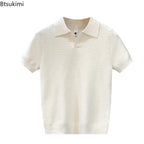 2026 Herren Sommer Poloshirt Koreanischer Stil Slim Fit Knitterarm Kragen Unifarben T-Shirts Freizeit Dünne Ärmel Trendige Strickoberteile