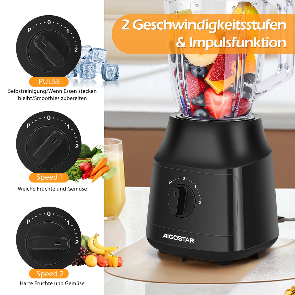 Aigostar Standmixer und Smoothie Maker, 1,5 Liter Glasbehälter, Titanbeschichtete Klingen, Eisfunktion, 2 Geschwindigkeiten + Pulsfunktion