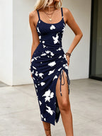 Damen Marineblau Bedrucktes Spaghettiträger-Kleid mit Schlitz für Frühling und Sommer