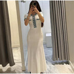 Elegantes, kontrastierendes, gestricktes Maxi-Kleid für Damen, schickes O-Ausschnitt-Kurzarmkleid mit Metallknöpfen, figurbetonte Kleider, Büro-Lady-Pendlerrobe