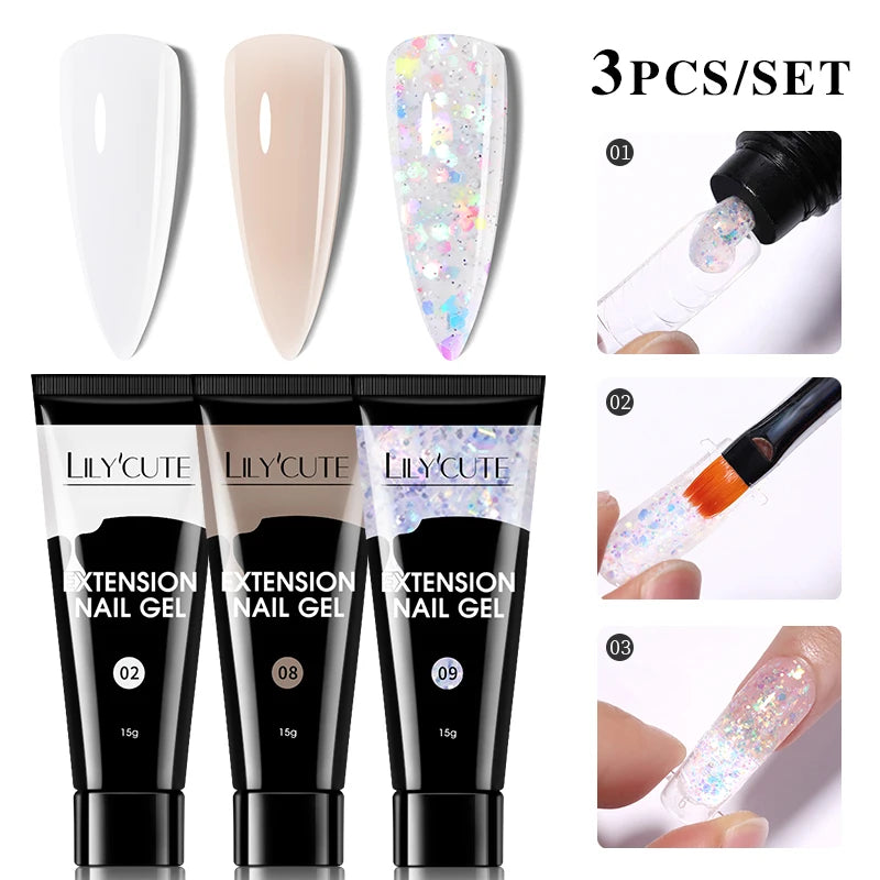 LILYCUTE 15ml Verlängerungsgel-Nagellack-Set Quick Nail Prolong mit Verlängerungsform-Nagelspitzen Acryl-Lösung Maniküre-Werkzeug-Kit