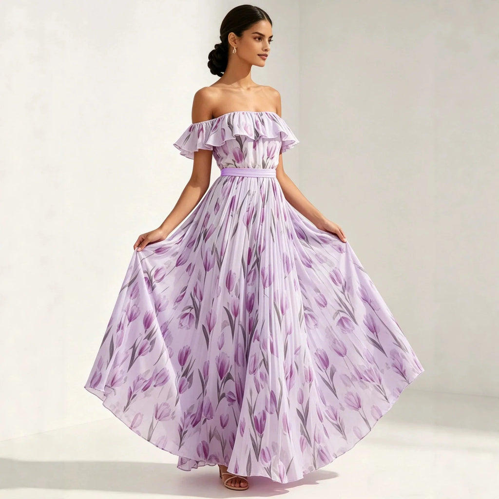 2026 Sommer schulterfreies Kleid mit Tulpenprint in großen Größen, schlankmachend, mit eckigem Ausschnitt und Maxilänge