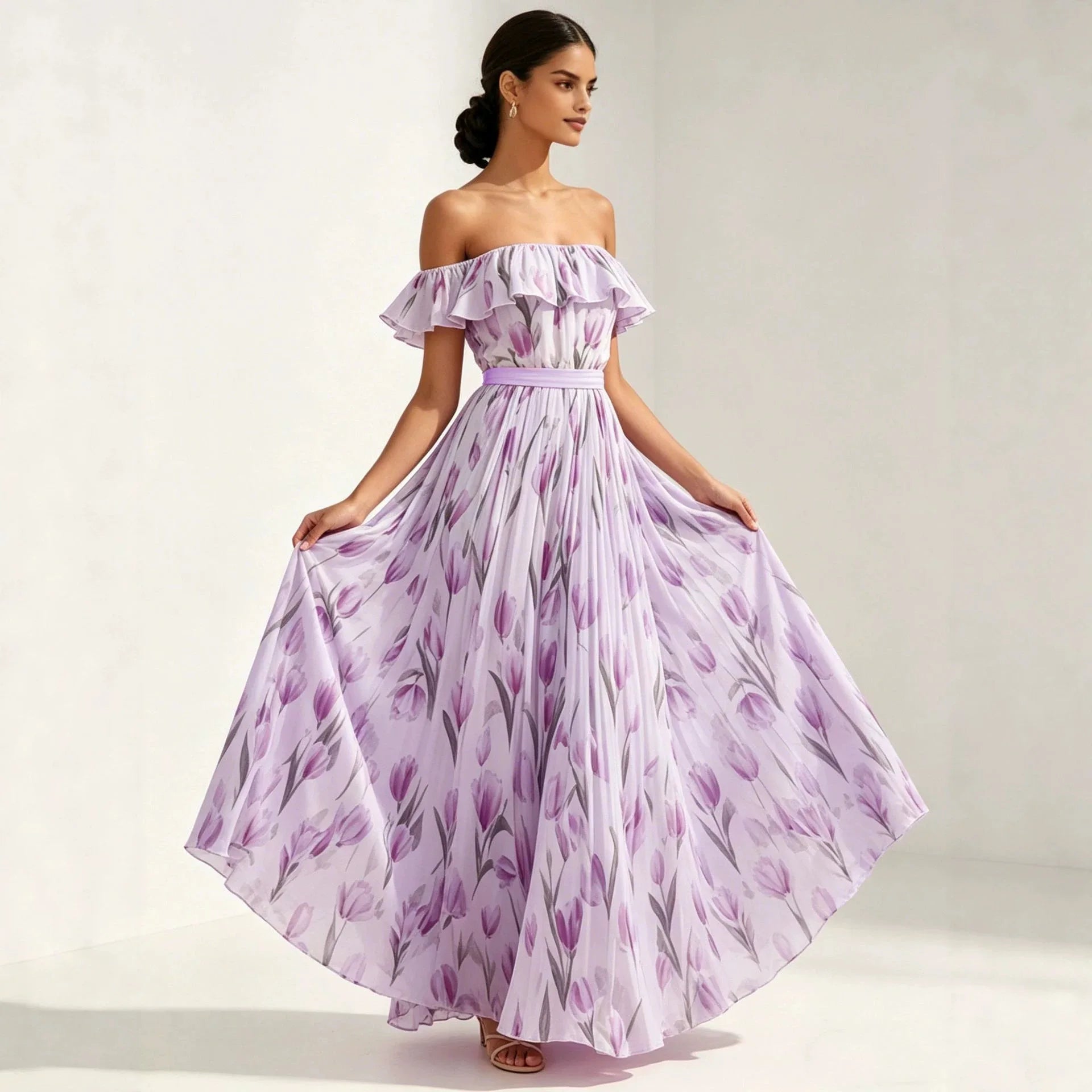 2026 Sommer schulterfreies Kleid mit Tulpenprint in großen Größen, schlankmachend, mit eckigem Ausschnitt und Maxilänge