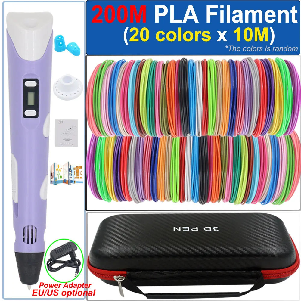 Kinder 3D-Stift 3D-Zeichnung Druckstift mit LCD-Bildschirm Netzteil 200M PLA Filament Spielzeug Kinder Weihnachten Geburtstag DIY Geschenk