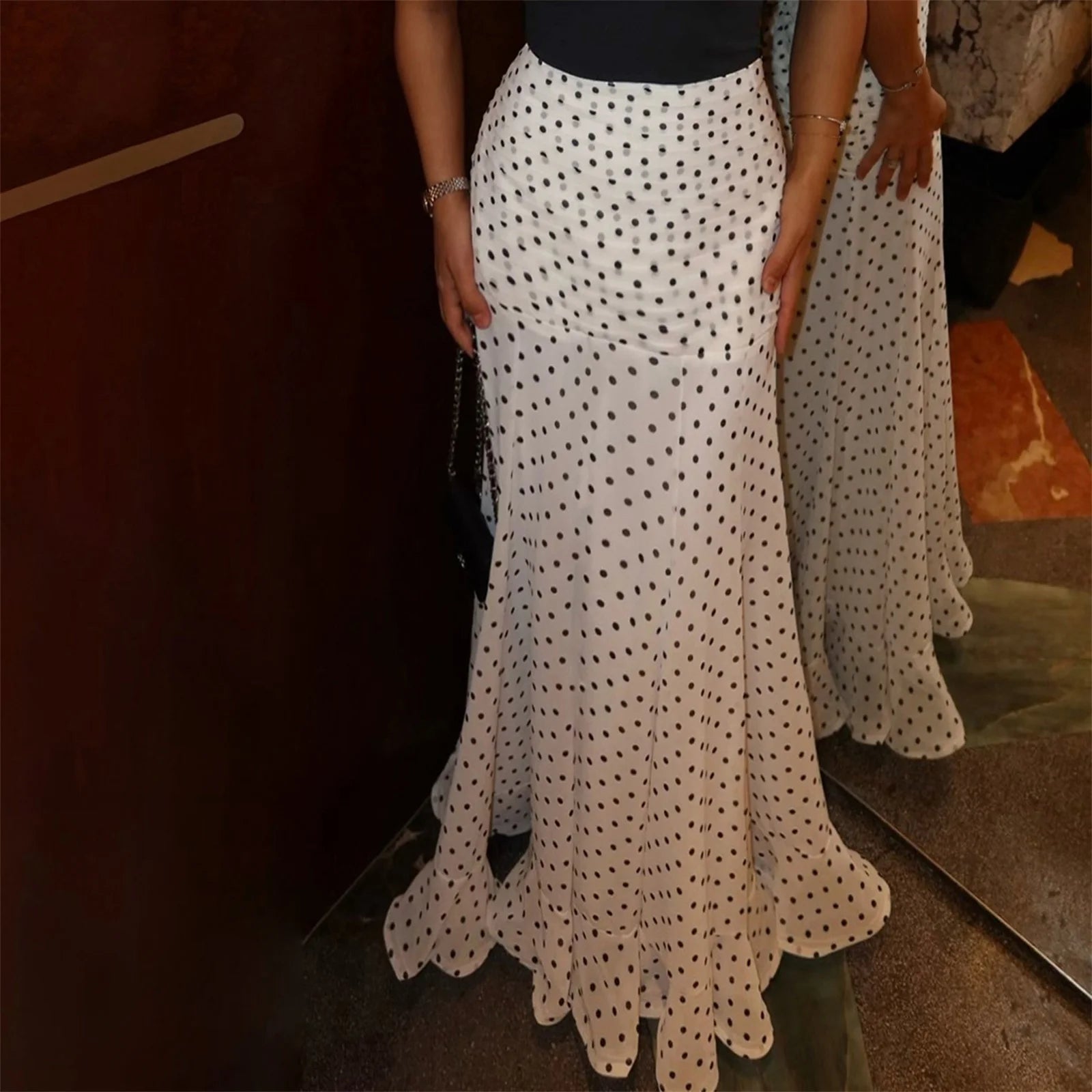 hirigin Tupfen Chiffon-Maxirock Französischer Stil Geraffter Mesh A-Linien-Rock Elegante Maxi-Unterteile Hohe Taille Streetwear Hauptbild