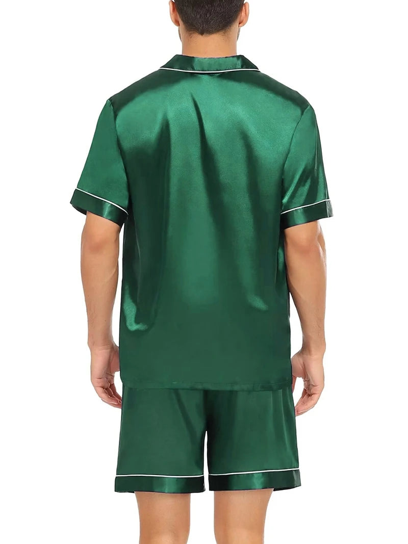 Herren Pyjama-Set aus seidigem Satin, 2-teilig, Kurzarm-Hemd mit Revers und Brusttasche und Shorts, glatter Griff, weiche Nachtwäsche, gemütliche Nachthemden