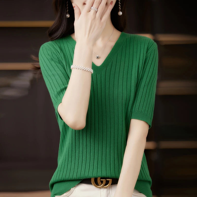Damen Pullover Frühling Sommer Kurzarm V-Ausschnitt Strickshirt Lässige koreanische Pullover Gestreiftes Unterziehshirt Slim Fit Pullover