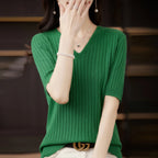 Damen Pullover Frühling Sommer Kurzarm V-Ausschnitt Strickshirt Lässige koreanische Pullover Gestreiftes Unterziehshirt Slim Fit Pullover