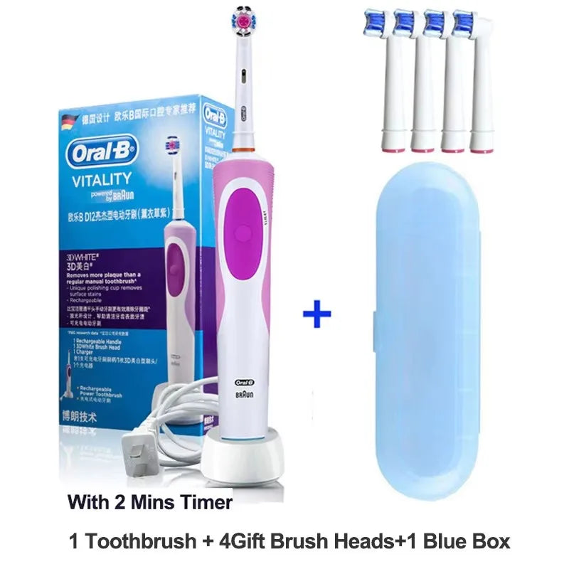 Oral B Elektrische Zahnbürste 2D Rotierende Vibrationsreinigung Ladezahnbürste Cross Action Borsten Mundpflege 4 Geschenk-Bürstenköpfe gratis