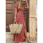 Sommer Bohemian Damen Maxikleid 2024 V-Ausschnitt Kurzarm Geblümt Strand Elegant Vintage Kleid mit Gürtel