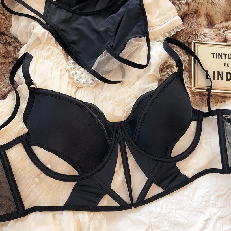 Französische Thin Cup Damen Dessous Set Sexy Hohle Spitze BH Set Sommer Mesh Komfort Atmungsaktive Unterwäsche Fischgrät Tops Intims