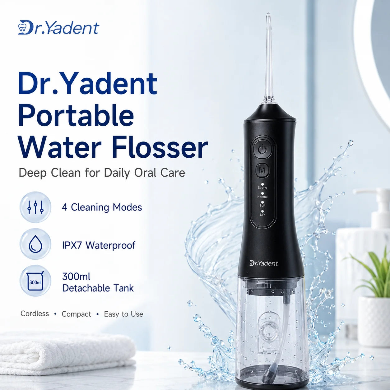 Dr.Yadent YD06 Kabelloser Munddusche Wasserflosser 300ML Tragbarer Wasserstrahl USB-C Schnellladung 7 Düsen 4 Modi IPX7 Wasserdicht
