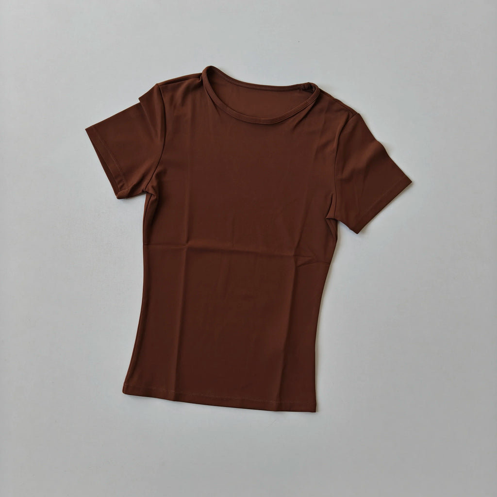 Hautenge, einfarbige Yoga-Kleidung für Damen: Schnelltrocknendes, elastisches, eng anliegendes T-Shirt, Fitness-Oberteil