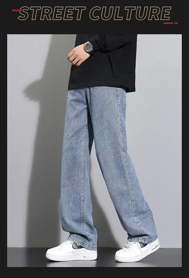 2026 New Korean Men's Casual Long Jeans Classic Man Straight Denim Wide-leg Pants Solid Color Light Blue Grey Black