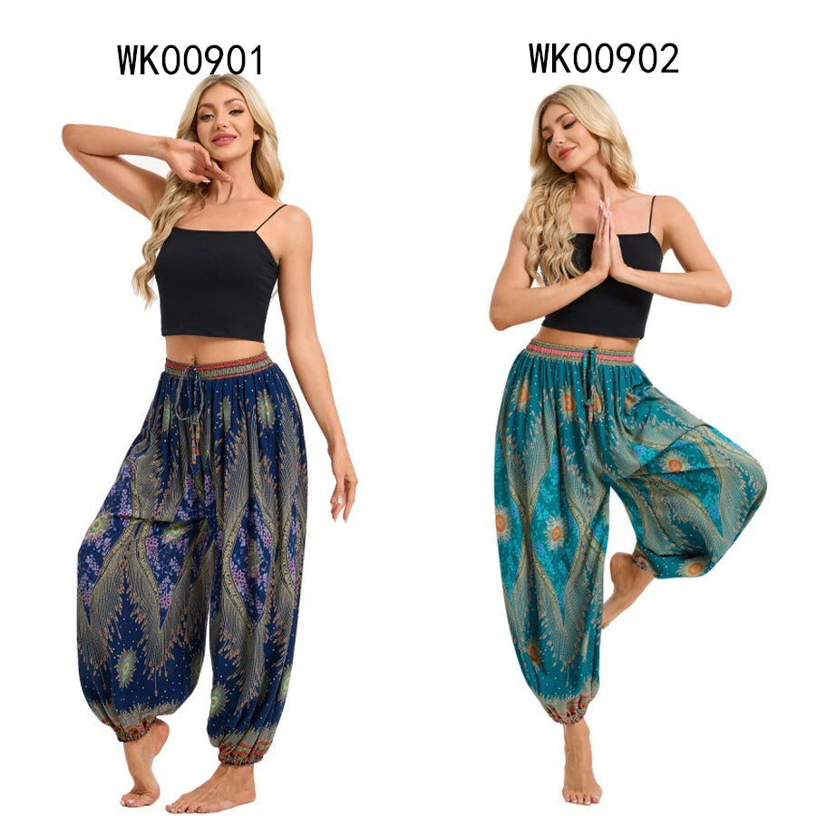 Damen Boho Weite Hosen Haremshose Erwachsene Hohe Taille Yoga Loose Laternenhose Atmungsaktive Strandhose Urlaub Bedruckte Jogger