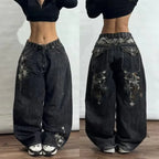 Y2K Black Washed Bestickte High-Waisted Oversized Jeans Herren Europäischer und Amerikanischer Retro Klassiker Lockere Weite Gerader Schnitt Hosen