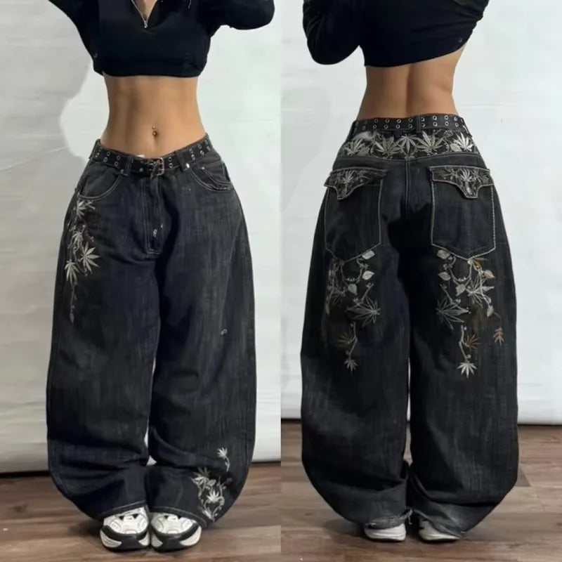 Y2K Black Washed Bestickte High-Waisted Oversized Jeans Herren Europäischer und Amerikanischer Retro Klassiker Lockere Weite Gerader Schnitt Hosen