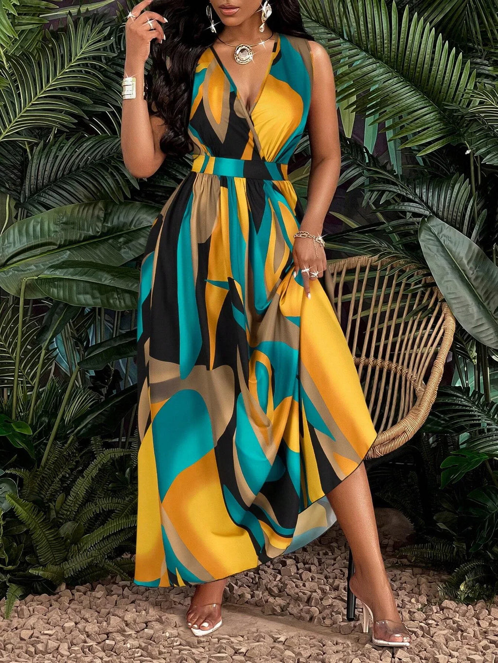 Ärmelloses, bodenlanges V-Ausschnitt-Kleid für Damen mit abstrakten Prints – modisch für Strand und legere Anlässe