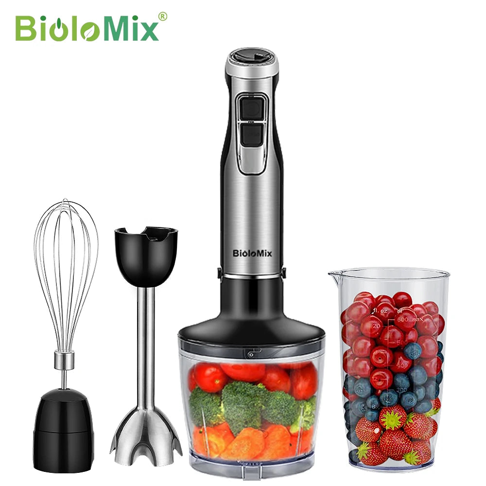 BioloMix 4-in-1 Hochleistungs-Stabmixer 1200W mit Zerkleinerer und Smoothie-Becher Edelstahl-Eismesser