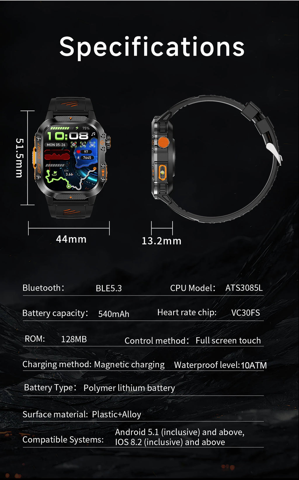 2025Neue GPS Smartwatch für Xiaomi IOS Militärkompass Taschenlampe Smartwatch Herren 10ATM Wasserdicht 100+Sportmodi BT Anruf Uhr