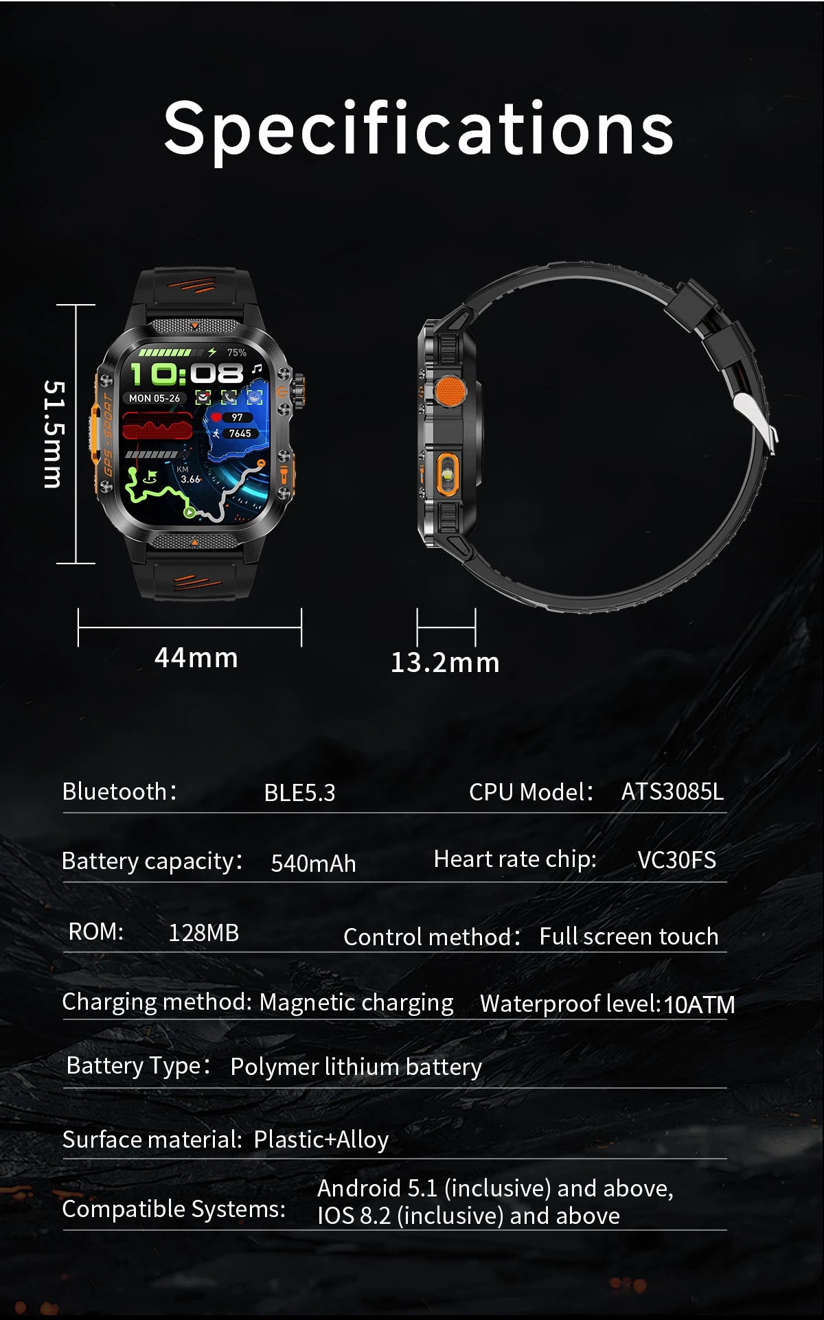2025Neue GPS Smartwatch für Xiaomi IOS Militärkompass Taschenlampe Smartwatch Herren 10ATM Wasserdicht 100+Sportmodi BT Anruf Uhr