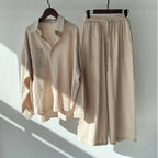 Große Größen Casual Locker Zweiteiler Weites Bein Hose Langarmshirt Hellbeige Street Style Elegant Qualität Polyester Somm...