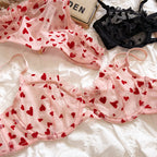 Neues Dessous-Tangas-Set, sexy, ultradünner transparenter BH, Damen-Bügel-Push-up-BH-Set, sommerliche, romantische Pfirsichherz-Unterwäsche