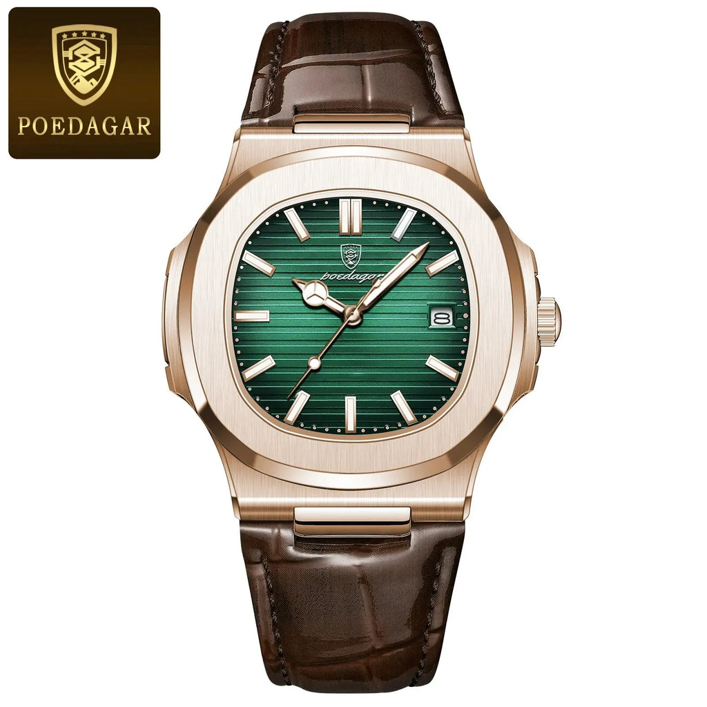 POEDAGAR Top Luxus Quadratische Herrenuhr Datum Wasserdicht Leuchtend Herren Armbanduhr Hochwertige Leder Herren Quarzuhren+Box Reloj