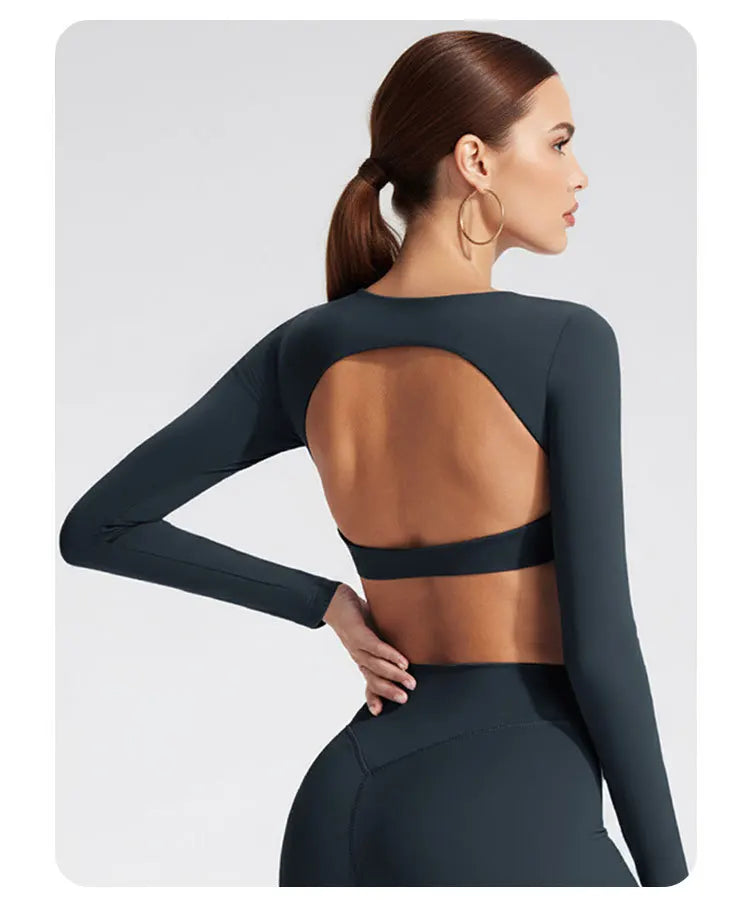 NCLAGEN Sport-Oberteile Gym Damen Fitness T-Shirt Langarm Offener Rücken Pilates Yoga Gepolstertes Crop Top Laufen Workout Fitness Bluse