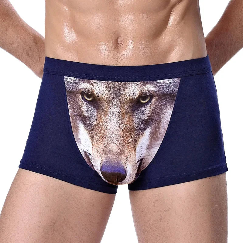 Herren Einzigartige 3D-gedruckte Wolfs-Adlerkopf-Flachwinkel-Hose mittelhohe Boxershorts Atmungsaktives gestricktes Modal-Gewebe
