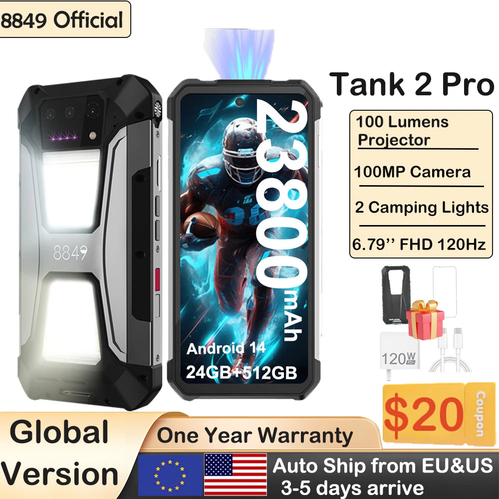 8849 Tank 2 PRO Projektor Robustes Smartphone Android 2.4K 24GB 512GB 100MP Kamera 23800mAh 120W Dual-SIM OTG-Telefon