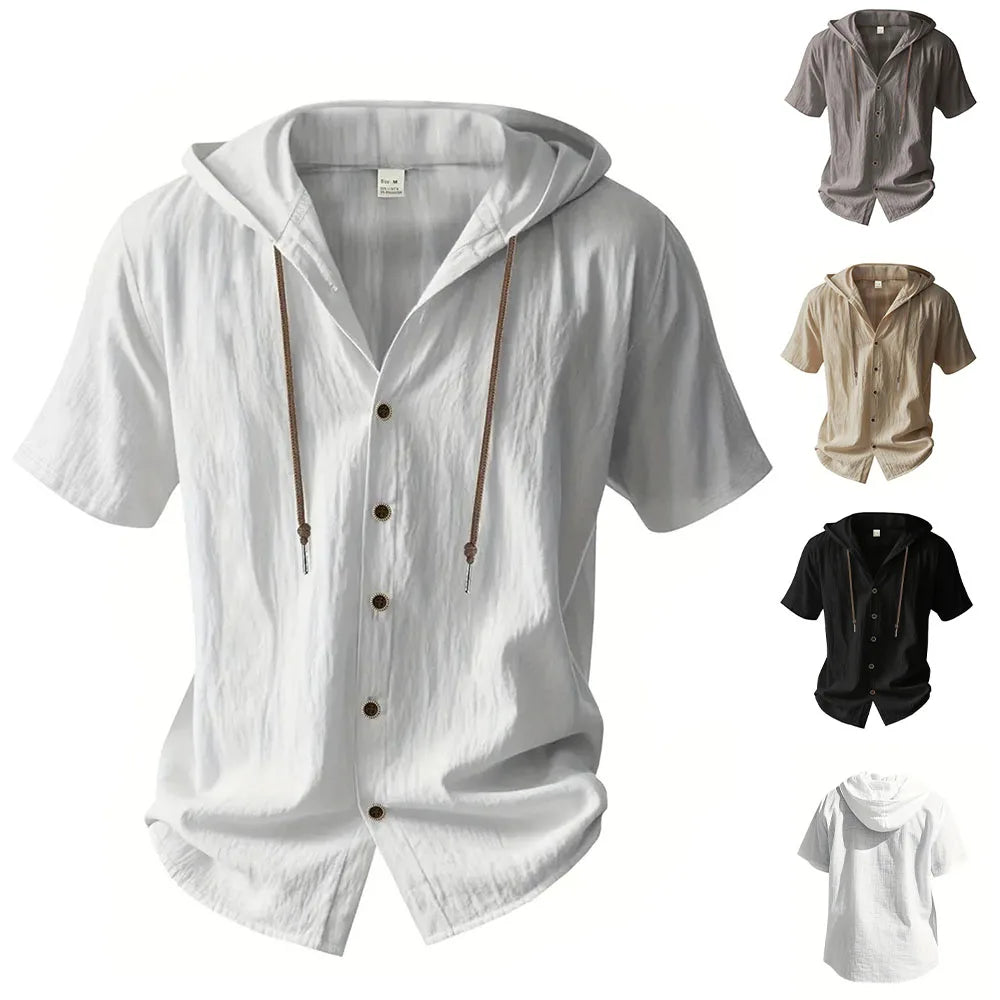 Cotton Linen Shirt for Men Hooded Short Sleeve Solid Color Breathable Lightweight Drawstring Design Shirts Casual Basic Tees Hauptbild
