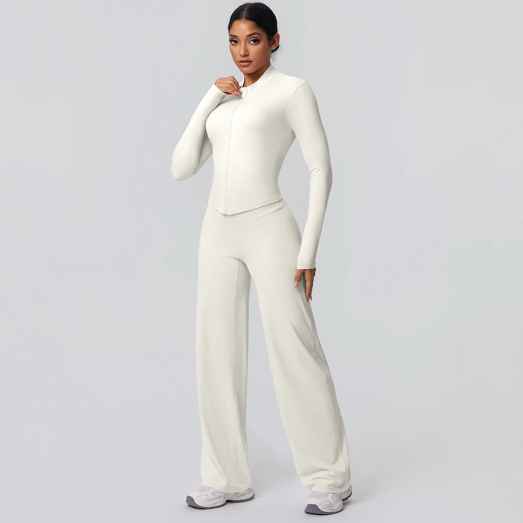 2-teiliges schnelltrocknendes Sport-Fitness-Bekleidung Yoga-Set Damen Yoga Reißverschluss Langarm High Waisted atmungsaktive weite Hose Set
