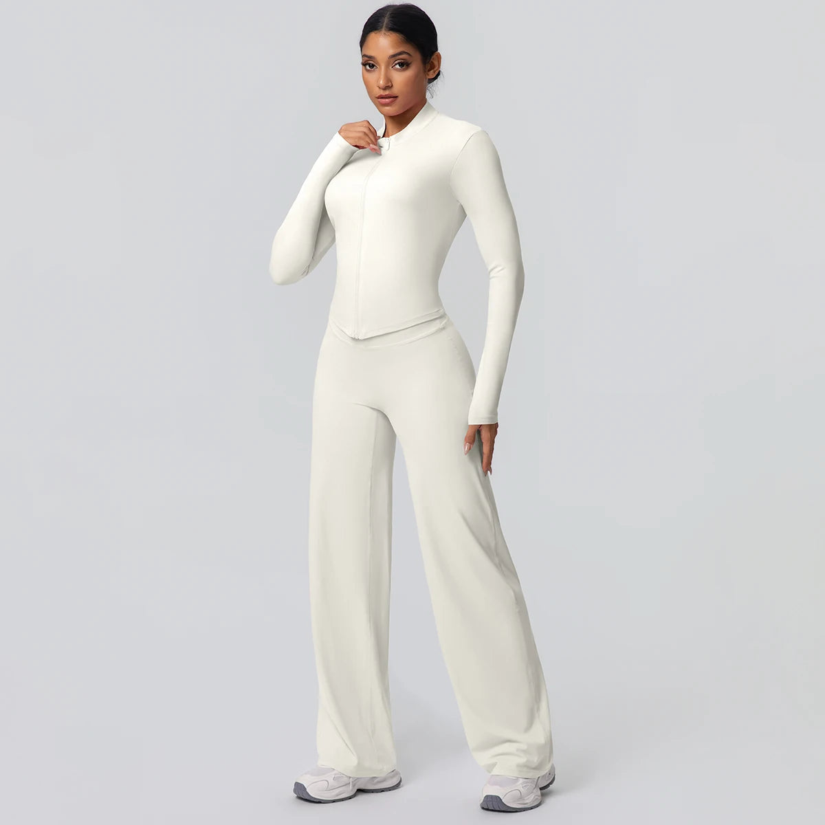 2-teiliges schnelltrocknendes Sport-Fitness-Bekleidung Yoga-Set Damen Yoga Reißverschluss Langarm High Waisted atmungsaktive weite Hose Set