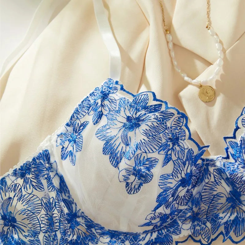 Blaues Dessous-Set Spitze Stickerei BH Panty 2-teilig Transparenter Tüll Fantasy Unterwäsche für Damen