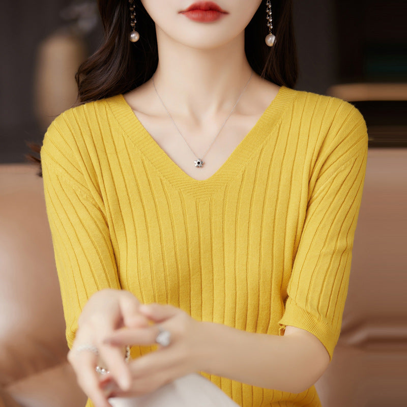 Damen Pullover Frühling Sommer Kurzarm V-Ausschnitt Strickshirt Lässige koreanische Pullover Gestreiftes Unterziehshirt Slim Fit Pullover