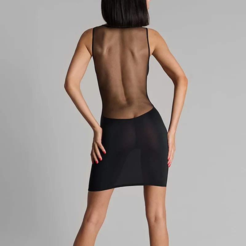 Y2K E-Girl Mesh-Panel V-Ausschnitt Bodycon Minikleid Damen Schwarz Ärmellose Clubwear