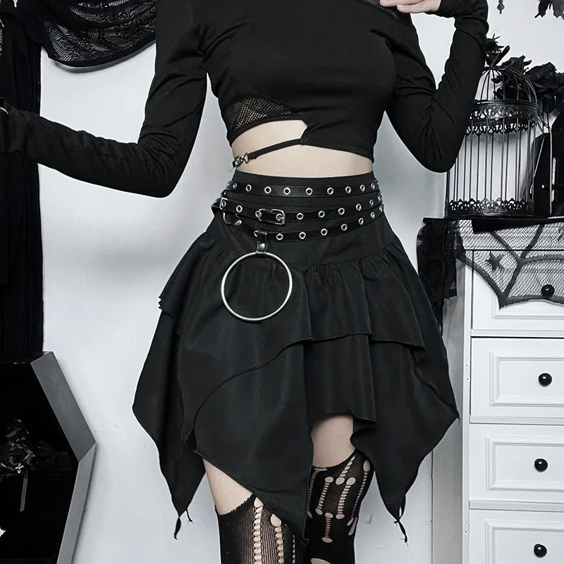 Sommer-Fashion Kurze Röcke Neue sexy Damen Gothic Punk Irreguläre Röcke Einfarbig Tunnelzug zum Binden Geraffte Rüschen Minirock